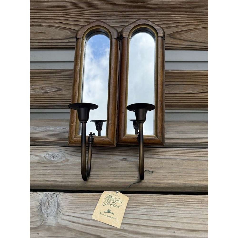 Vintage NEW Three Mountaineers Wall Sconces Pair 17" Distressed Wood Boho Rustic